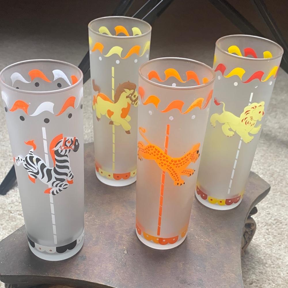 Vintage LIBBY Carousel Animal Frosted Tom Collins Glass Set of 4 EUC